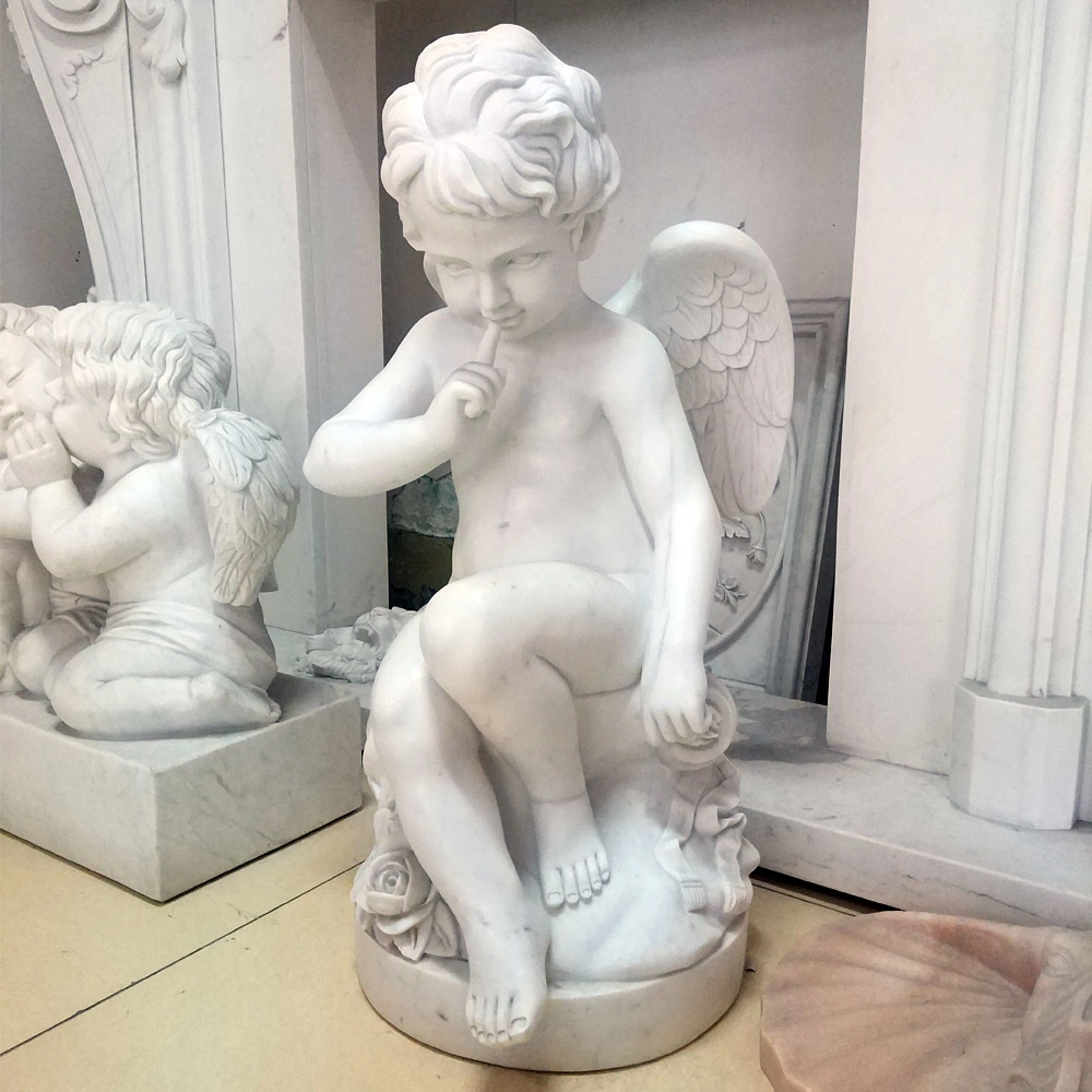 Stone Sculpture in Natural White Marble Angel Girl Statue with Wings