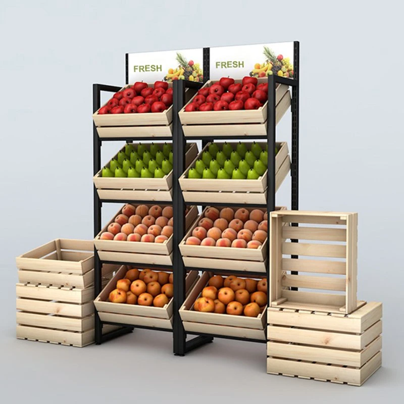 Buen precio Estante de madera y acero para frutas y verduras