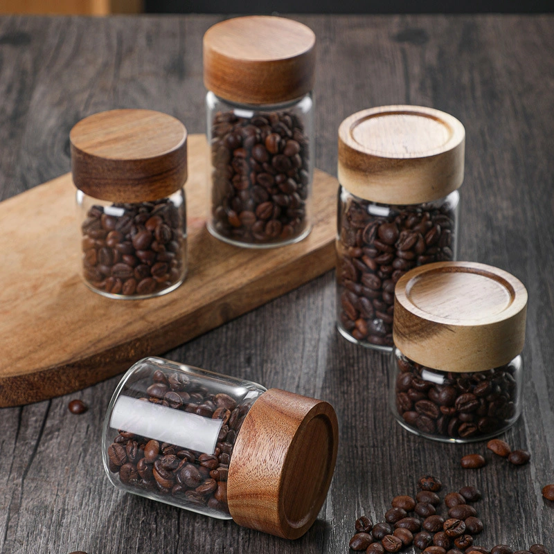 Glassware with Wooden Lid Glass Mason Jars/Airtight Glass Storage Jar with Screw Wood Acacia Lid