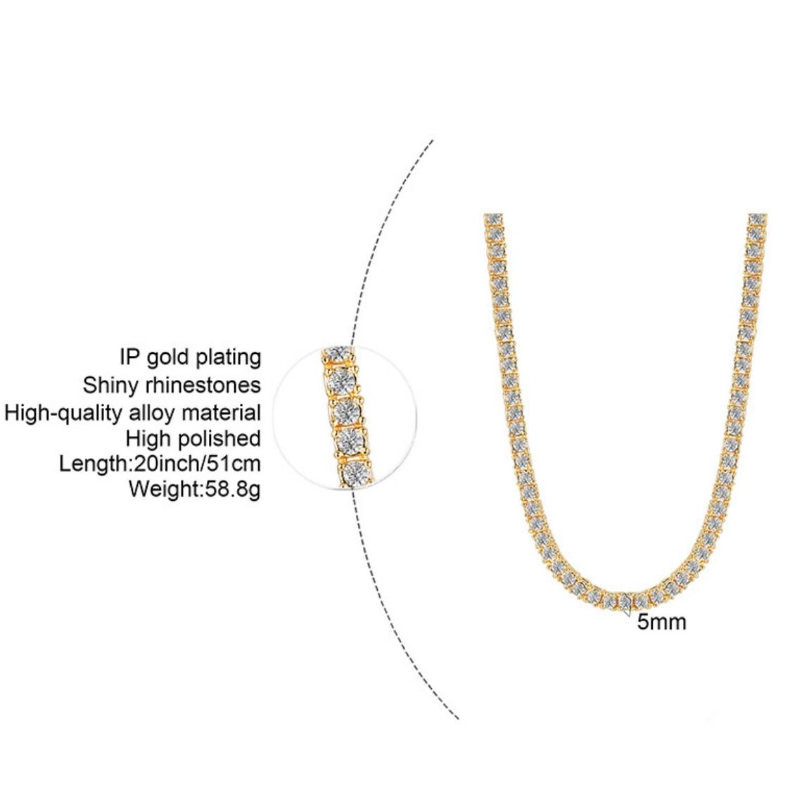Schmuck Accessoires Mode Persönlichkeit 20-Zoll-Legierung Single-Row Diamond Halskette Gold 5mm Schmuck