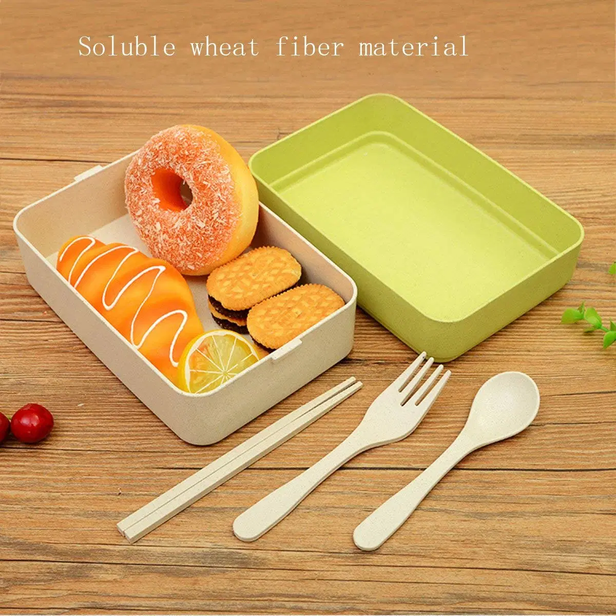 Lunch Bento Box Food Storage 2 Rectangle Containers for Adults School Work Wheat Grass BPA Free Leak Proof with Chopsticks and Spoon