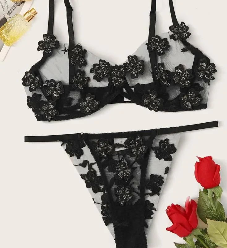 2021 Ladies Net Embroidery Lovely Flower Decal Sexy Lingerie Set