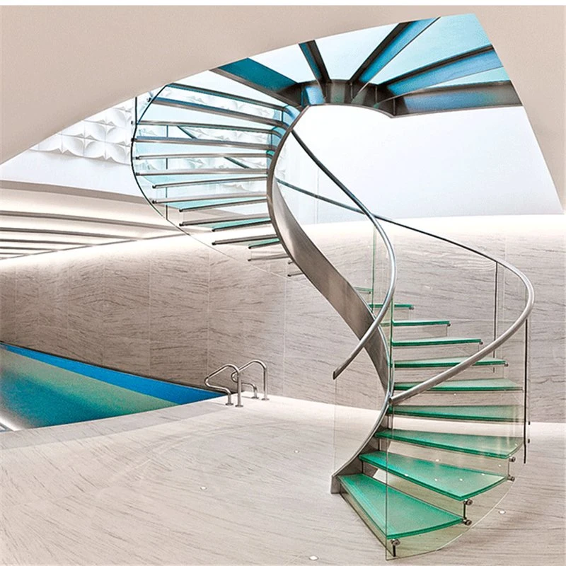 Laminated Glass Steps Stainless Steel Stringer Spiral Stairs Curved Staircase with Glass Railing