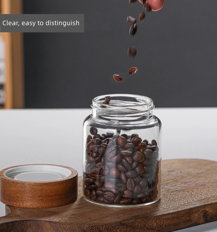 Kitchenware Round Acacia and Clear Sealed Multifunctional Spice Bean Glass Jar and Food Containers with Screw Wooden Lid