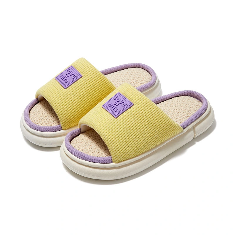 Waffle Fabric Cotton Linen Slippers Thick-Soled Non-Slip All Seasons Soft Bottom Shoes