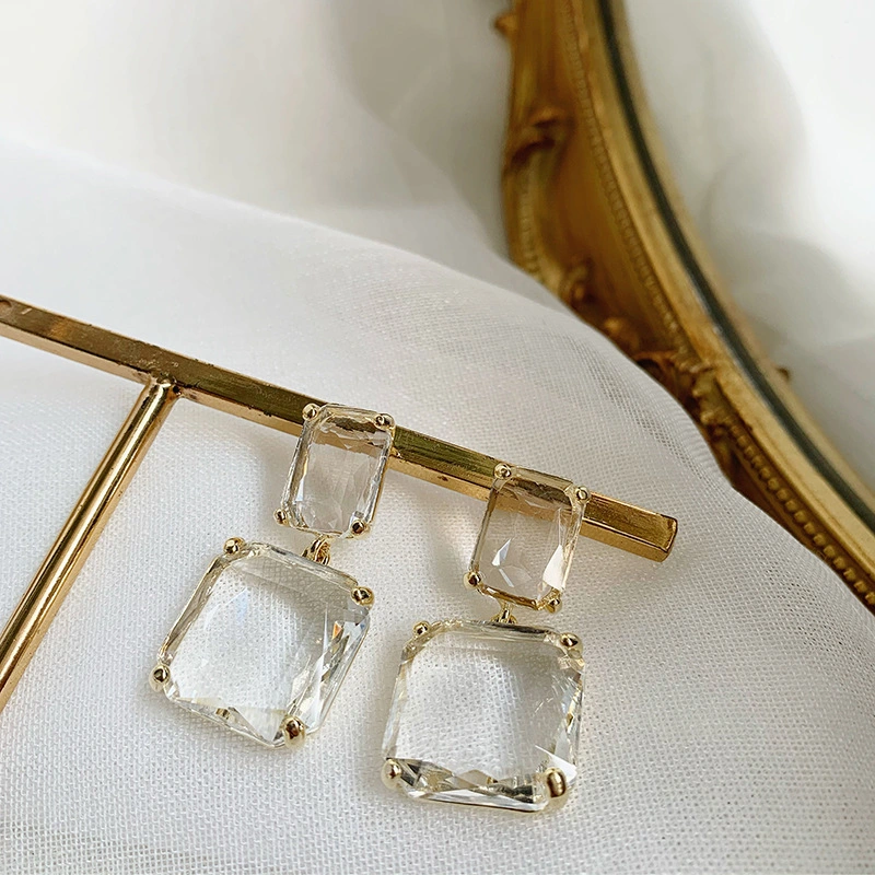 Yp78 Silver Needle Clear Geometric Square Crystal Earrings Wedding Accessory