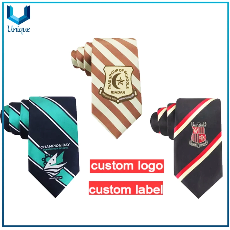 Cheap Imitated Silk Promotional Gift Tie, School Logo Customed Design Necktie, Jacquard Stripe Novelty Tie