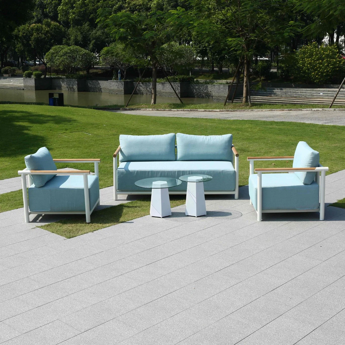 2+1+1 Aluminum Frame Outdoor Garden Patio Swimming Pool Side Sofa Set Garden Furniture with 2 Coffee Table