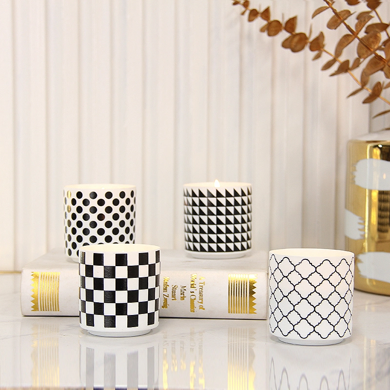 C050 Modern Geometric Pattern Diverse Design White and Black Porcelain Candle Jars Ceramic Vessels Container Candle Cup