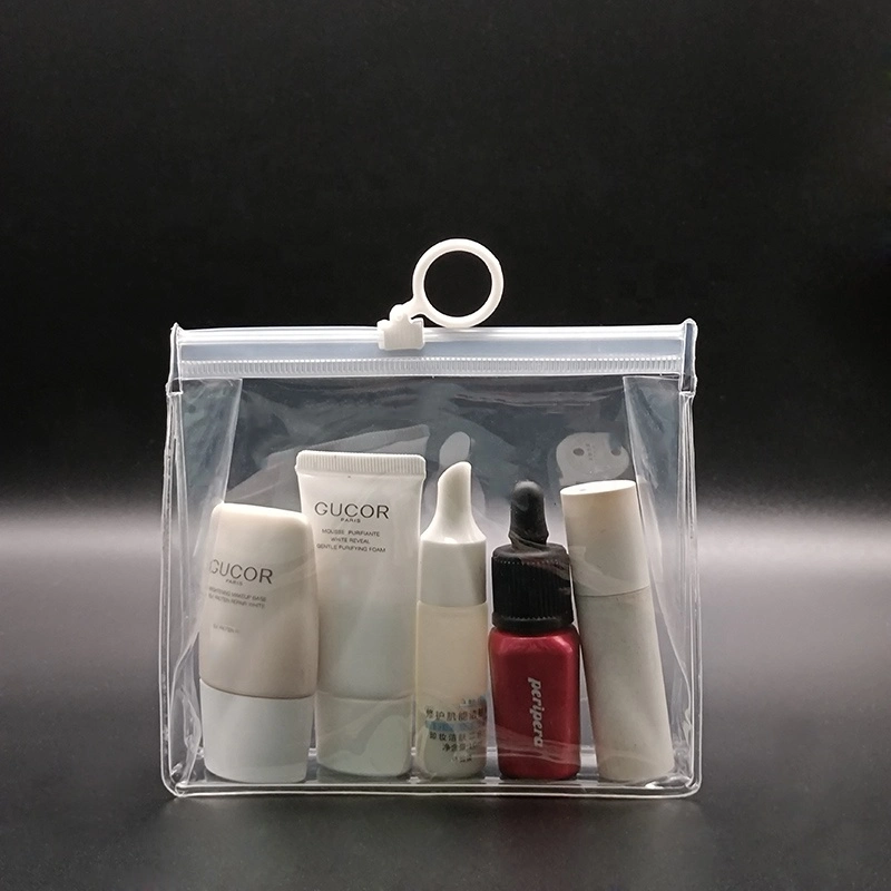 Hot Selling Plastic Waterproof Cosmetic Bag Zipper Small Clear Zipper Cosmetic Samples Packaging Bag with White Round Puller