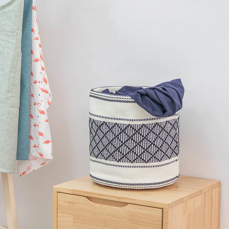 Nordic Jacquard Cotton Woven Storage Basket, Plain Collapsible Laundry Bag for Home Decoration