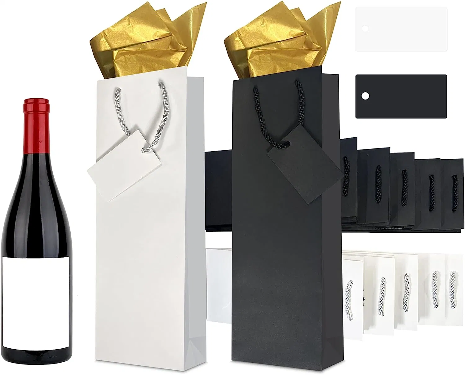 Wine Gift Bags with Gold Color Tissue and Rope Handles