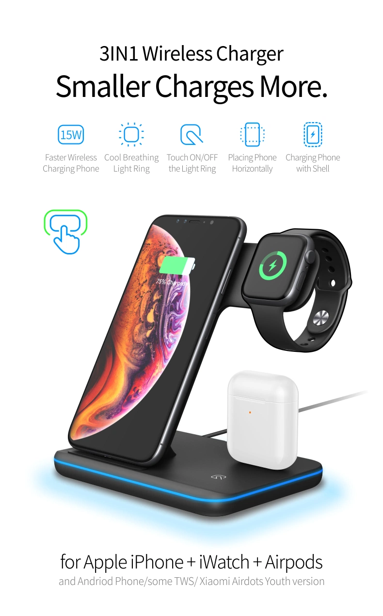3 in 1 Wireless Phone Charger Wireless Charging Pad Qi 10W 15W Fast Wireless Charger Universal Fast Charge Station