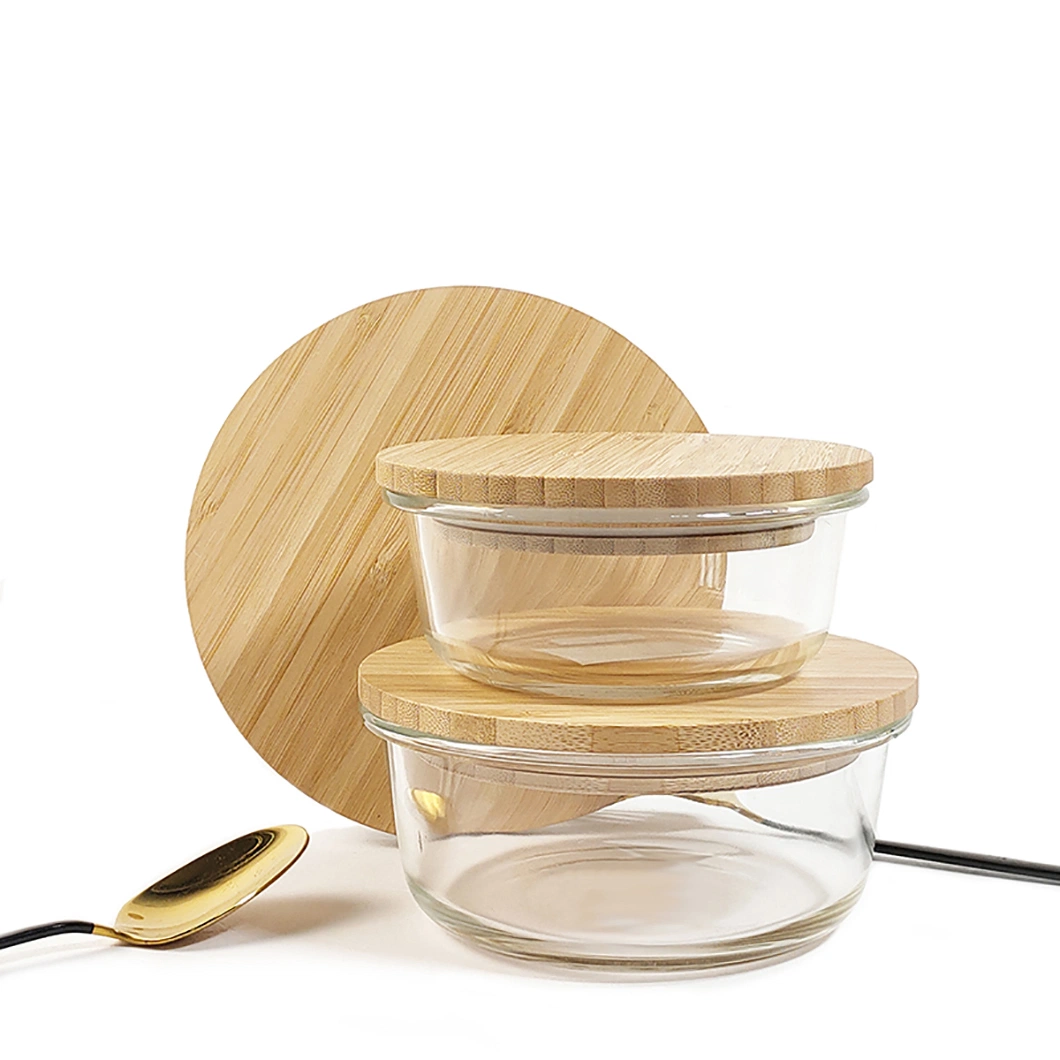 Round Kitchen Spice Storage Borosilicate Glass Container Jar Canister Set with Custom Airtight Bamboo Wood Lids