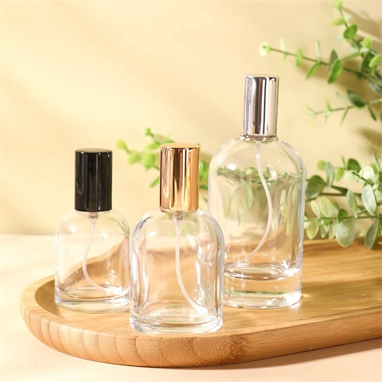 Bouteille de parfum en verre transparent de 10 ml, 35 ml, 50 ml et 100 ml avec vaporisateur, bouteille en verre carrée de 80 ml, bouteilles d'aromathérapie, bouteille de lotion cosmétique