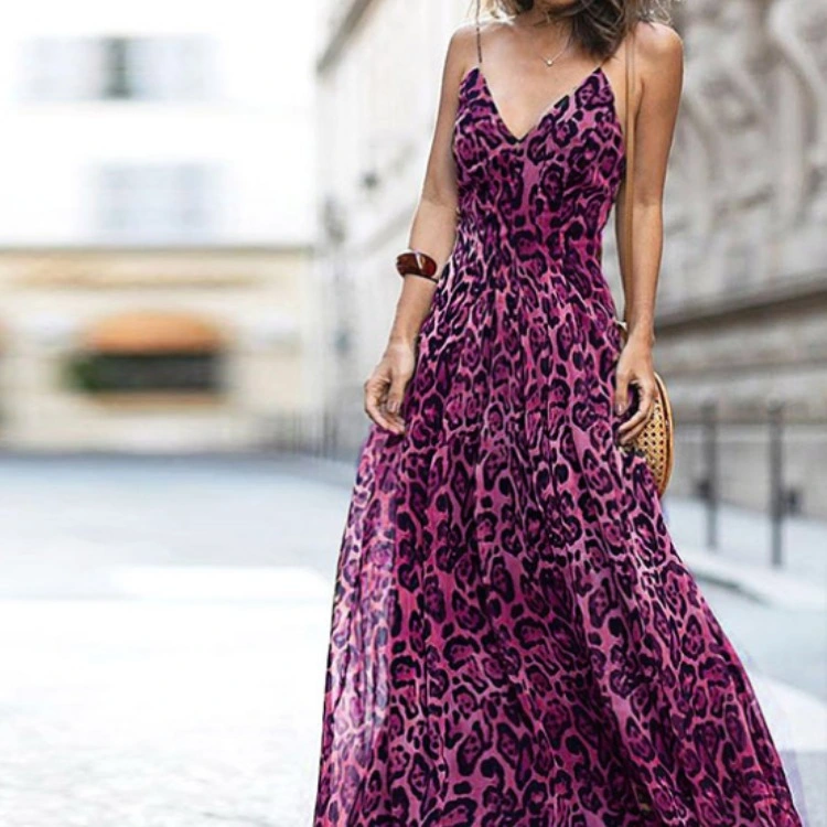 High quality/High cost performance  Popular Leopard Print V-Neck Strap Dress Long Skirt