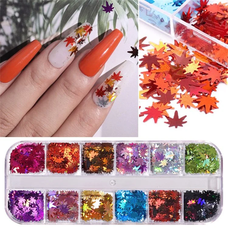 12 Grid Autumn Series Laser Maple Leaf Nail Sequin Stickers Nail Design Accessories