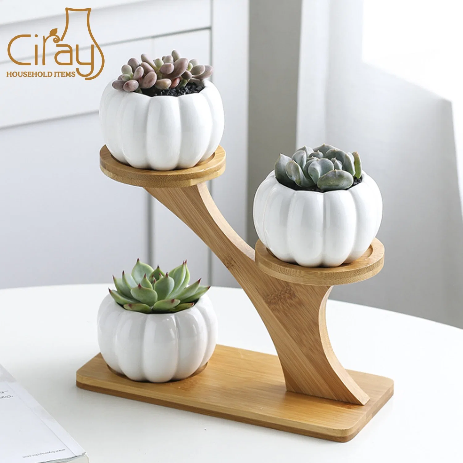 Small Pumpkin Shape Ceramic Flower Pot with Bamboo Stand