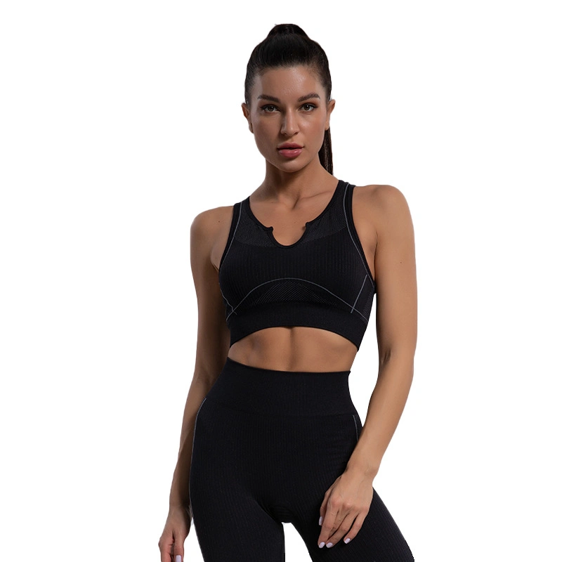 Yoga Wear Seamless Knitted Racerback Sports Vest High Waist Striped Leggings Fitness Gym Wear Women's Suit