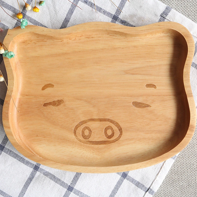 Eco-Friendly Natural Beech Wooden Plate Cartoon Wooden Serving Tray for Children