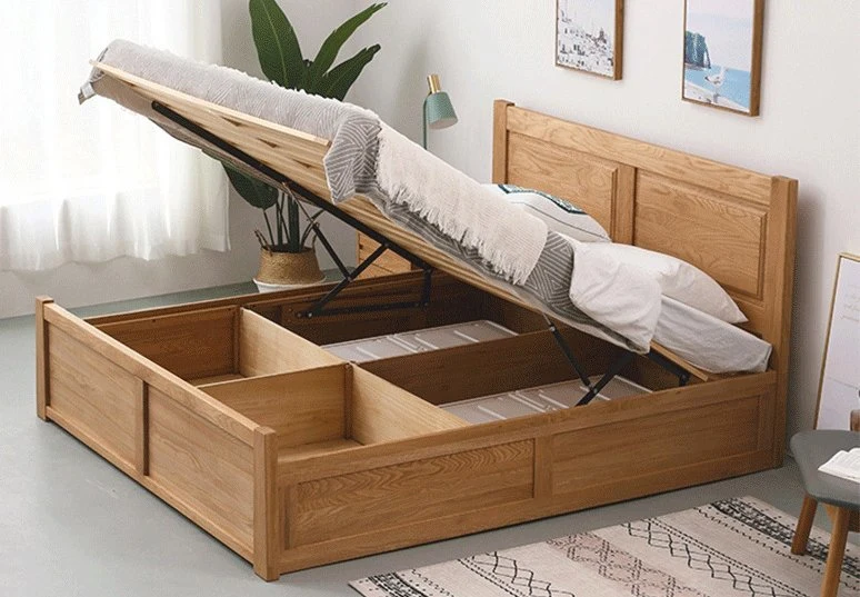 Luxus-Zimmer mit Doppelbett und Massivholzrahmen aus PU-Bett Möbel Gas Lift Up Storage Box Bett