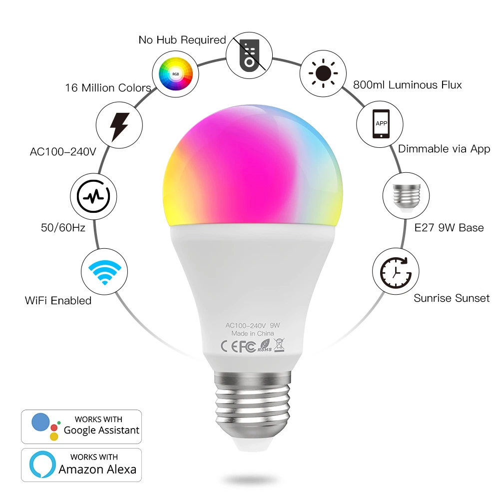 WiFi Smart LED лампы с регулируемой яркостью лампа 9 Вт RGB C+W