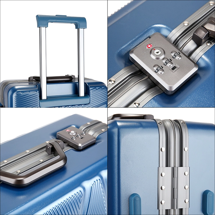 Blue Ray Striped Aluminum Frame Box Sliver Tsa Lock Luggage Trolley Sets Travel Bags Hand Hard Shell Luggage