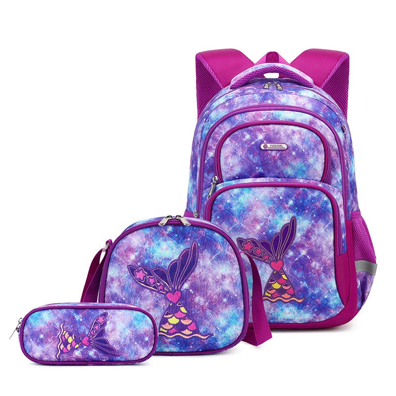 Nylon impermeável mochila escolar definir 3PCS com saco de almoço e Caixa de lápis