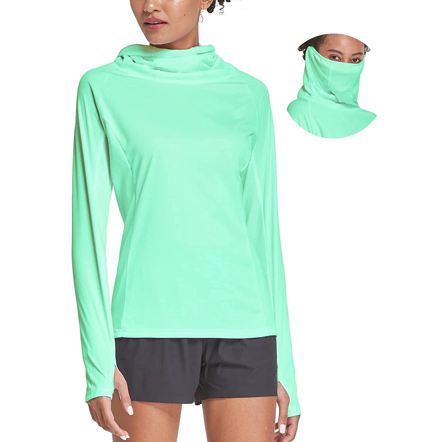 Women&prime; S Hiking Long Sleeve Shirts with Face Cover Neck Gaiter Upf 50+ Lightweight Quick Dry SPF Fishing Running Hoddie Gym Wear