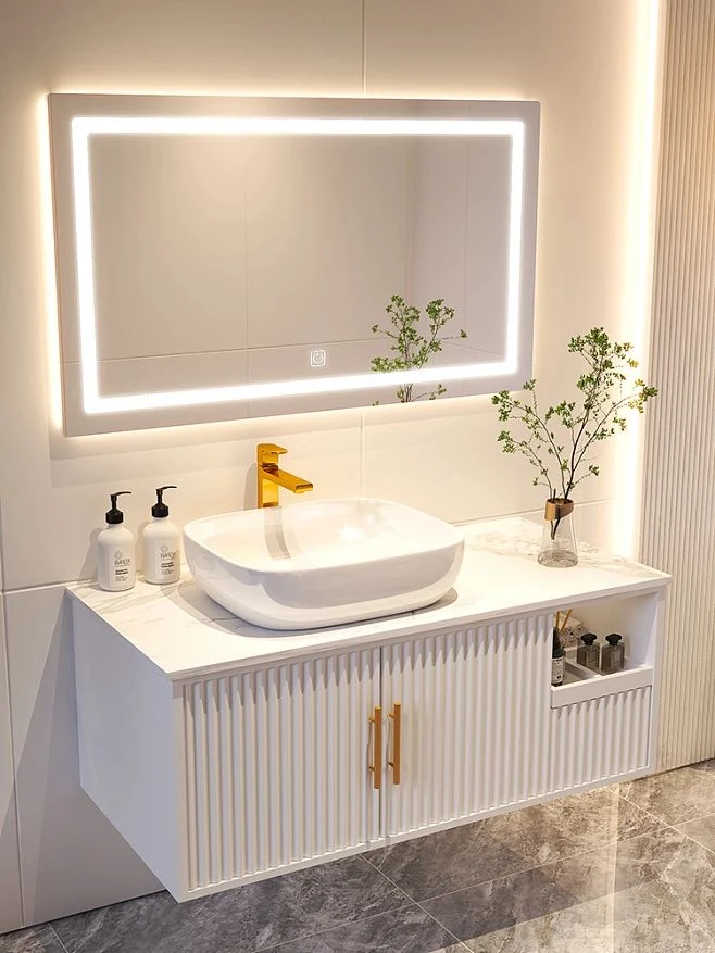 Monté sur un mur solide en bois massif de surface évier double Salle de bains en marbre de la vanité du Cabinet