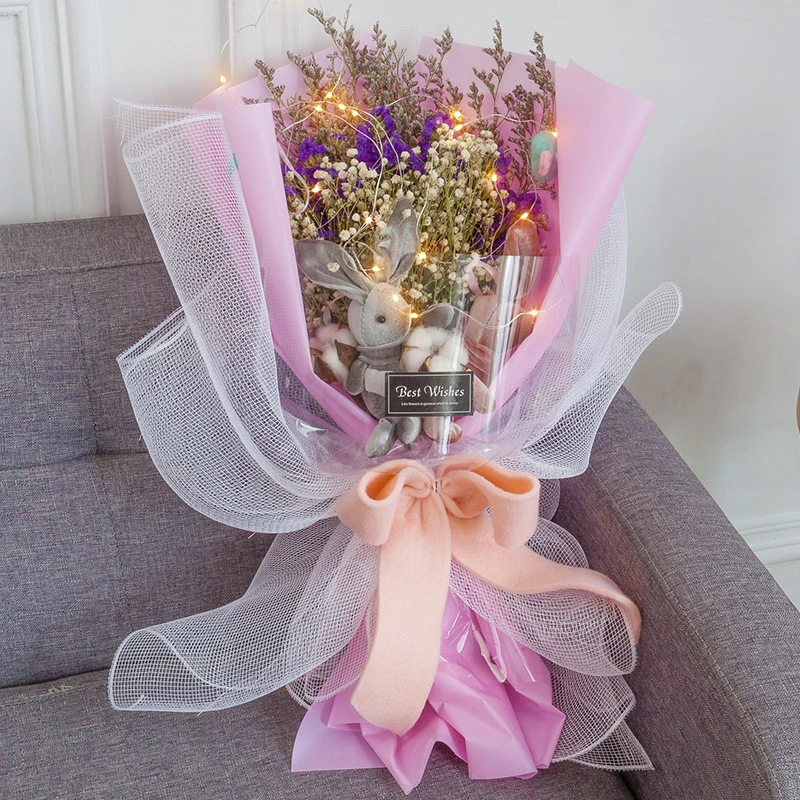 Wishing Rabbit Dry Flower Bouquet con luces Creative Thanksgiving Christmas Regalo de San Valentín