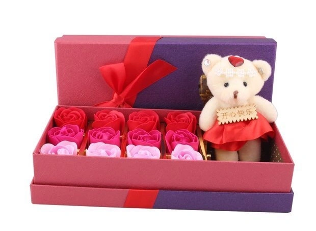 Flor de jabón de rosa hecha a mano pura y creativa, decoración de flores de jabón de rosa artificial para baño, en caja de regalo con hoja de oro o osito para madres, señoras y niñas