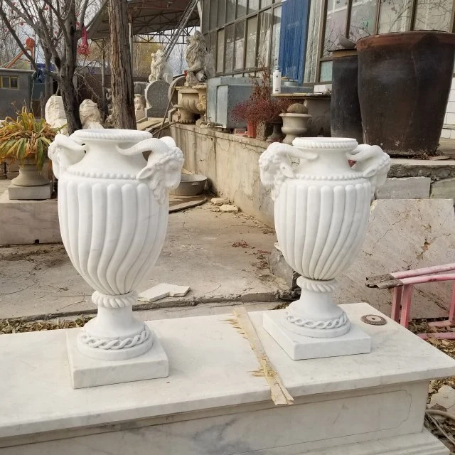 Natural White Marble Urn with Hand Carved Antelope Head