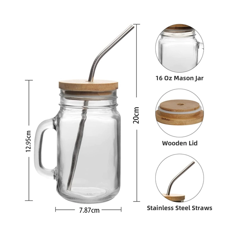 Copa de vidrio para beber 16 Oz de vidrio Mason Jar Ice Coffee Taza con tapa de bambú y paja