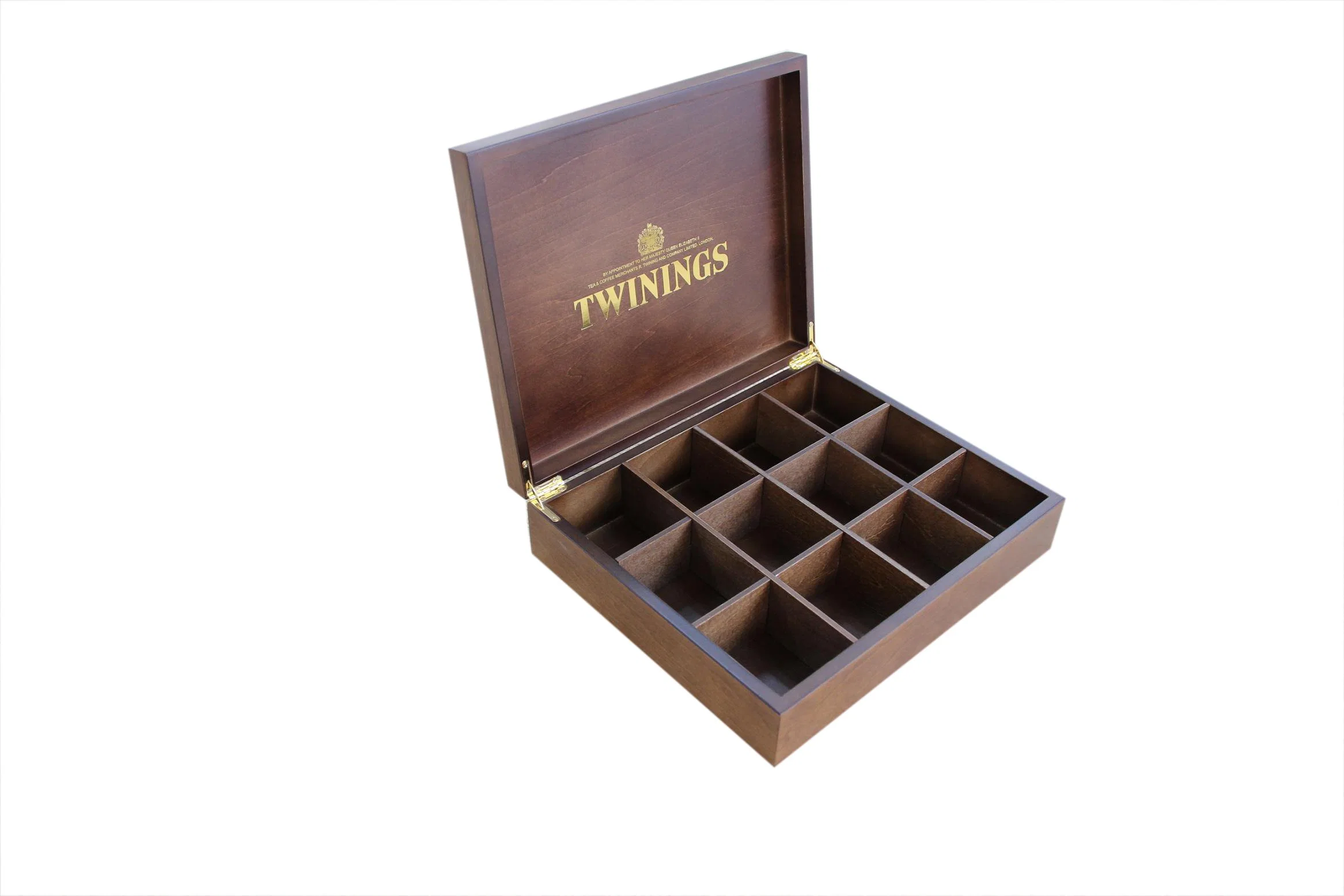 Boîte cadeau en bois sombre Twinings fait main, boîte de rangement et d'organisation en bois pour sachets de thé, coffrets cadeaux en bois fabriqués et coffres pour thé