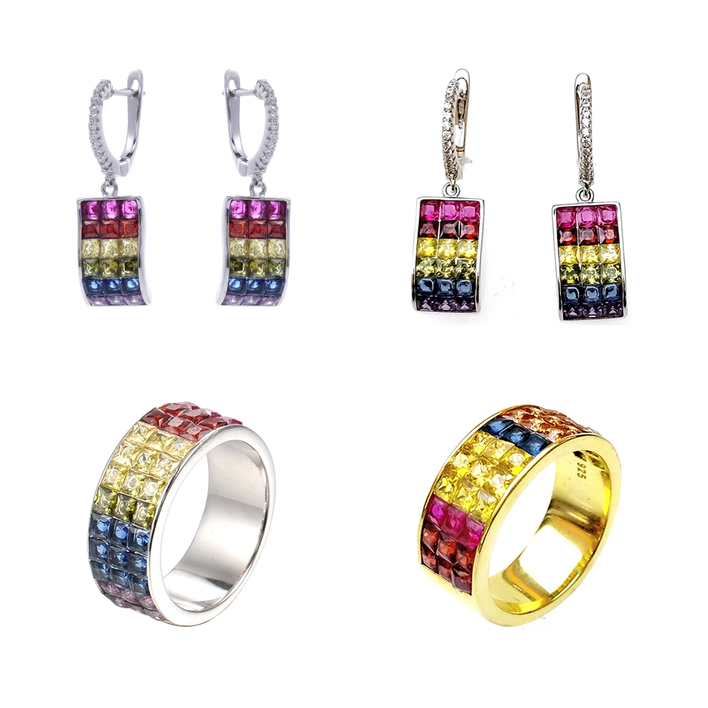 Atractivo Multi Color Rainbow Diamond 925 Sterling anillo de plata de los Pendientes Establecer