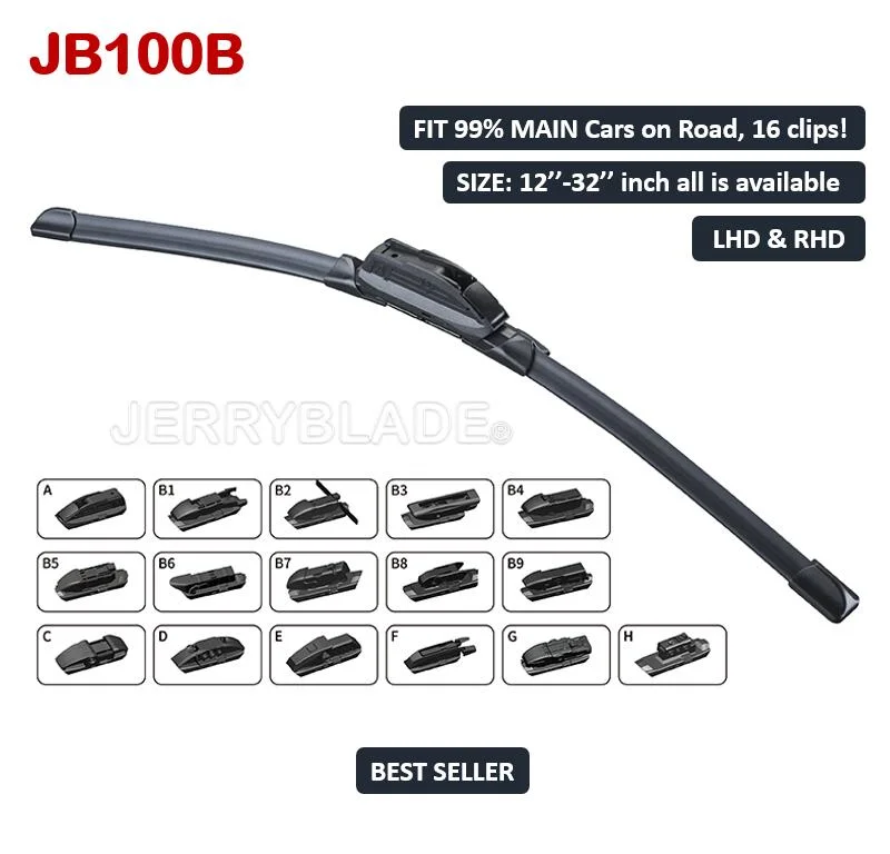 Universal Windshield Wiper Blade Soft Frameless Type Multi Fit Adaptors Windscreen Wipers Jb100b 12''-32'' Best Seller Factory Supply Premium Quality