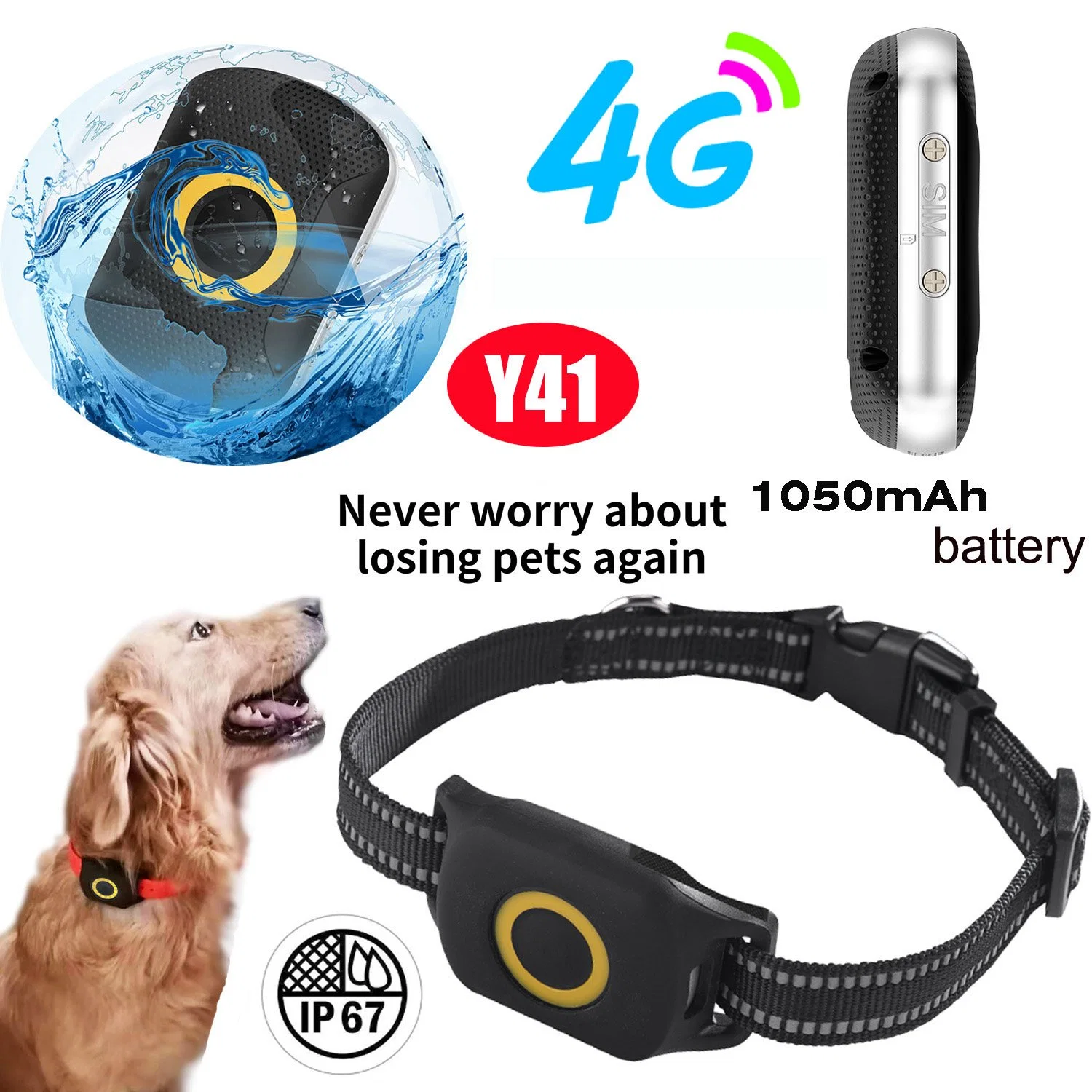 IP67 Waterproof LTE 4G Pets Cats Dogs GPS Tracker with Real Time Monitoring and Long Battery Life Y41