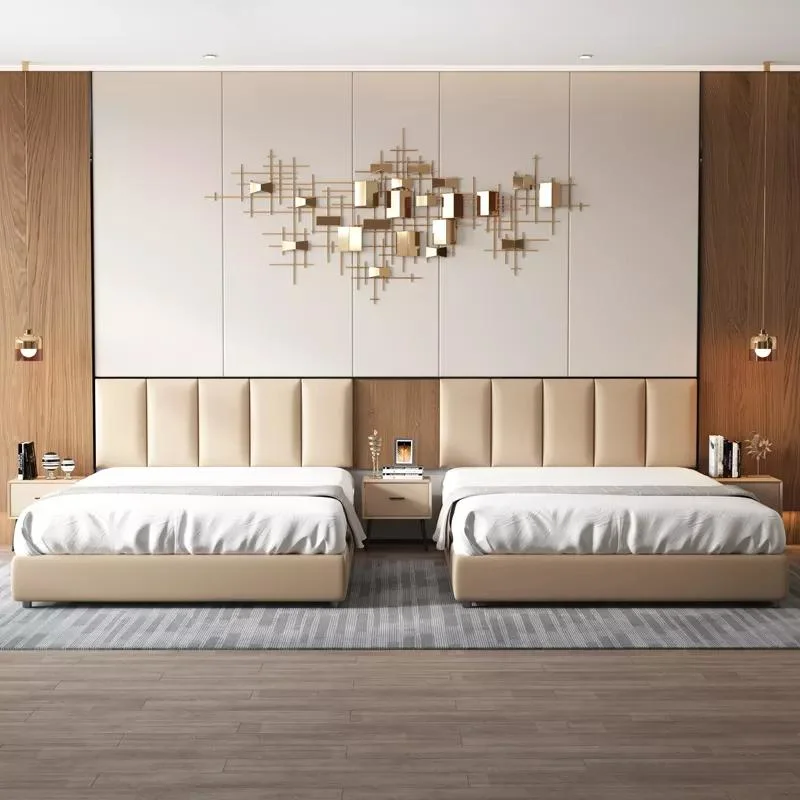 Wooden Platform Panels Headboard Wood Frame Upholstered Bed Box Double Queen King Size Hotel Bed Furniture