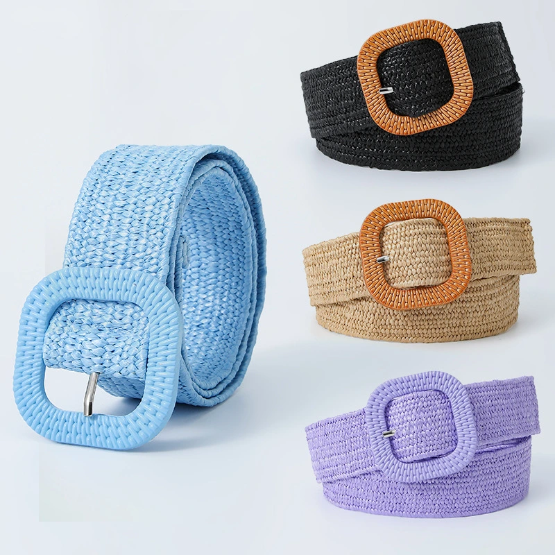 Fashion Simulation Straw Woven Elastic Stretch Waist Belt Women Skinny Dress Belt Wooden Style Buckle Waist Dress Belt