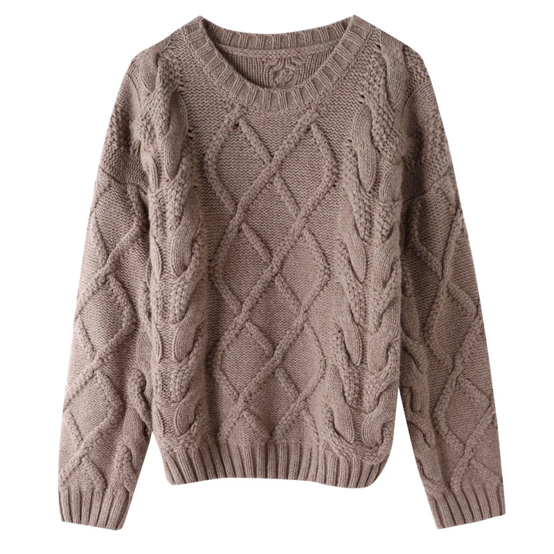 Basic Customization Ladies&prime; Jumper Pure Wool Cable Round Neck Knitted Style