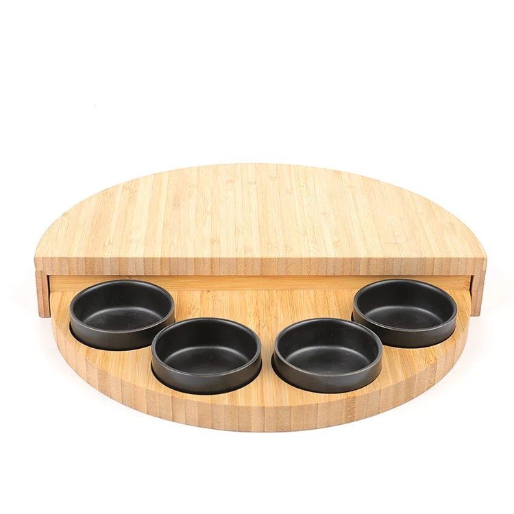 Dtk Round Rotating 4 Bowls Multifunctional Bamboo Chopping Board