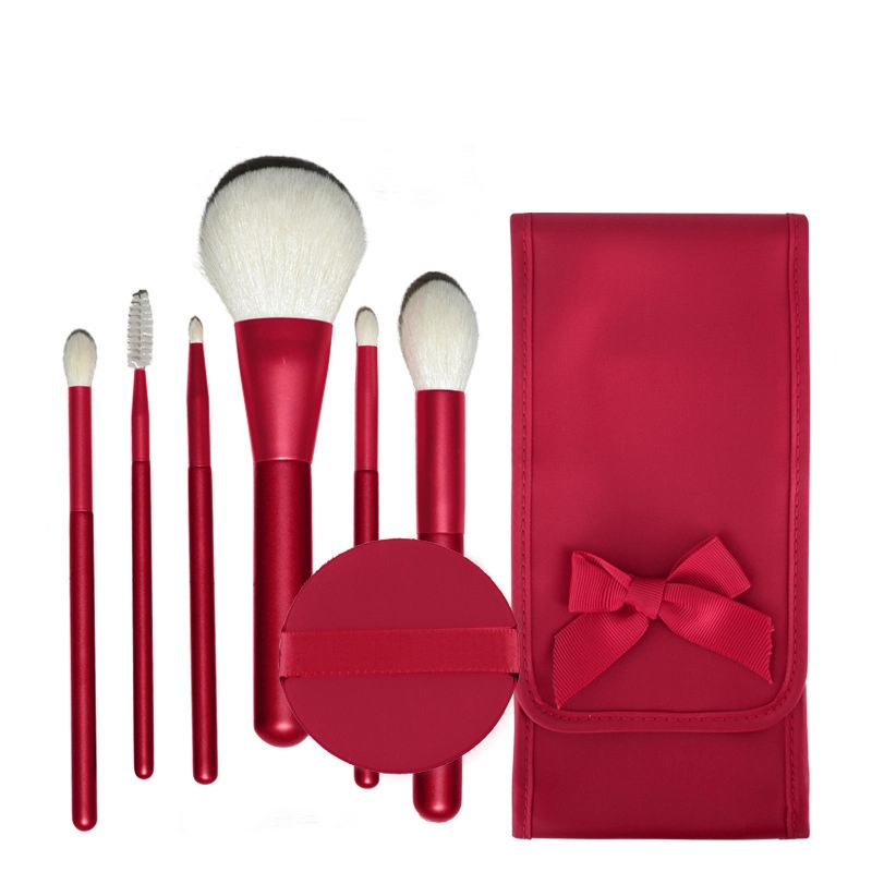 China Supplier Gift Brushes Goat Hair 6PCS Red Wood Handle Professional Makeup Brush Set with Cloth Brush Pouch