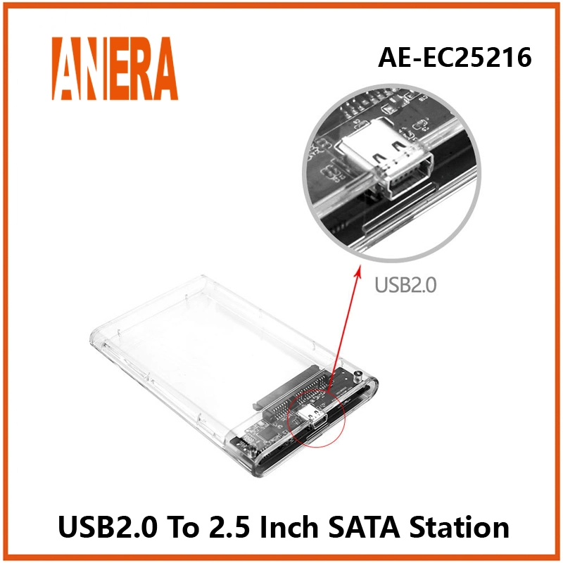 حاوية محرك أقراص ثابتة شفافة ANERA من نوع USB 2.0 إلى SATA عالية السرعة علبة لقرص كمبيوتر SATA HDD SSD مقاس 2.5 بوصة