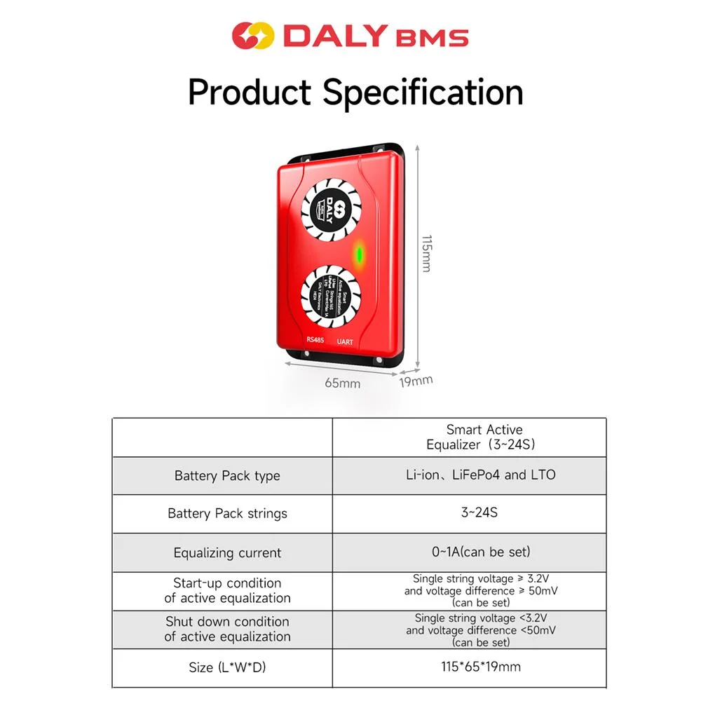 Daly LFP Lithium Battery Pack Storage Solar Management System Electric Scooter Active Balance Equalizer LiFePO4 Li-ion 3s-24s Balancer 1A Smart BMS