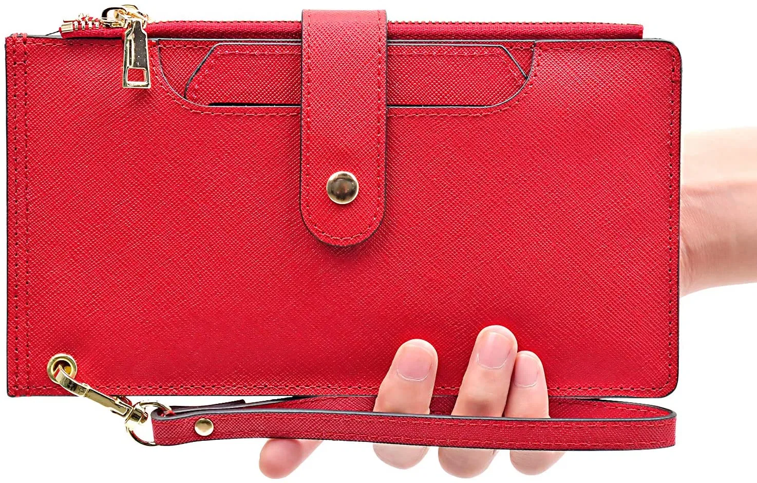 Leather Bifold Wallet Women Long Credit Card Wallet Wristlet for Women Slim Zipper Wallet for Women with Coin Purse with ID Window Pullout Red