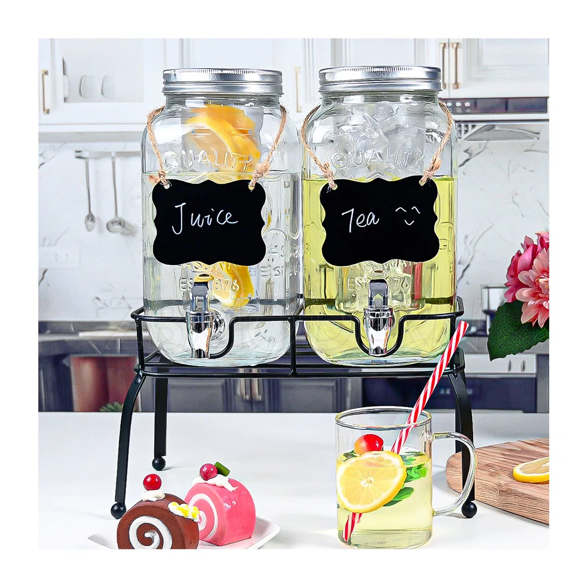 Hochwertige Großhandel Doppel 1 Gallone 3,78L Glas Getränkespender Mit Fruit Infuser Ice Infuser Metallgestell