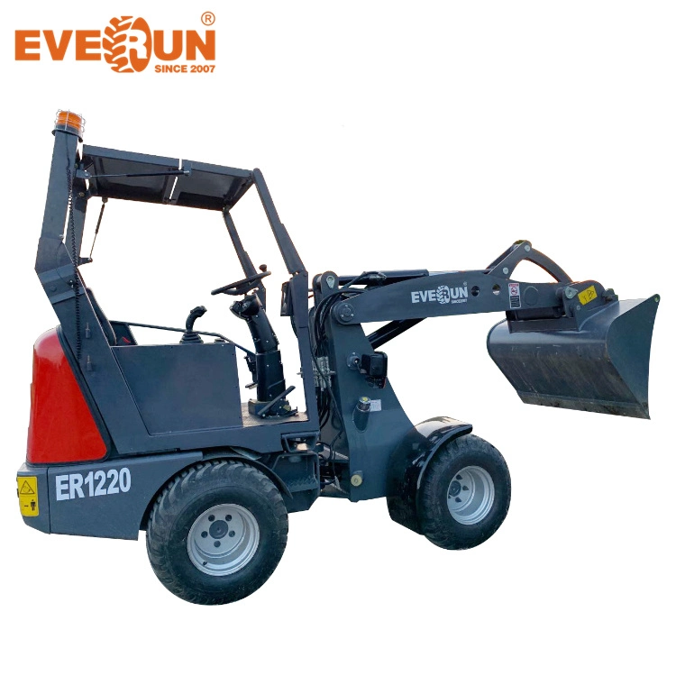 EVERUN ER1220 with cabin 1100kg CE Certified Farm construction Machinery articulated terrain Bucket Shovel Chinese hydraulic small Mini wheel  loader  for sale