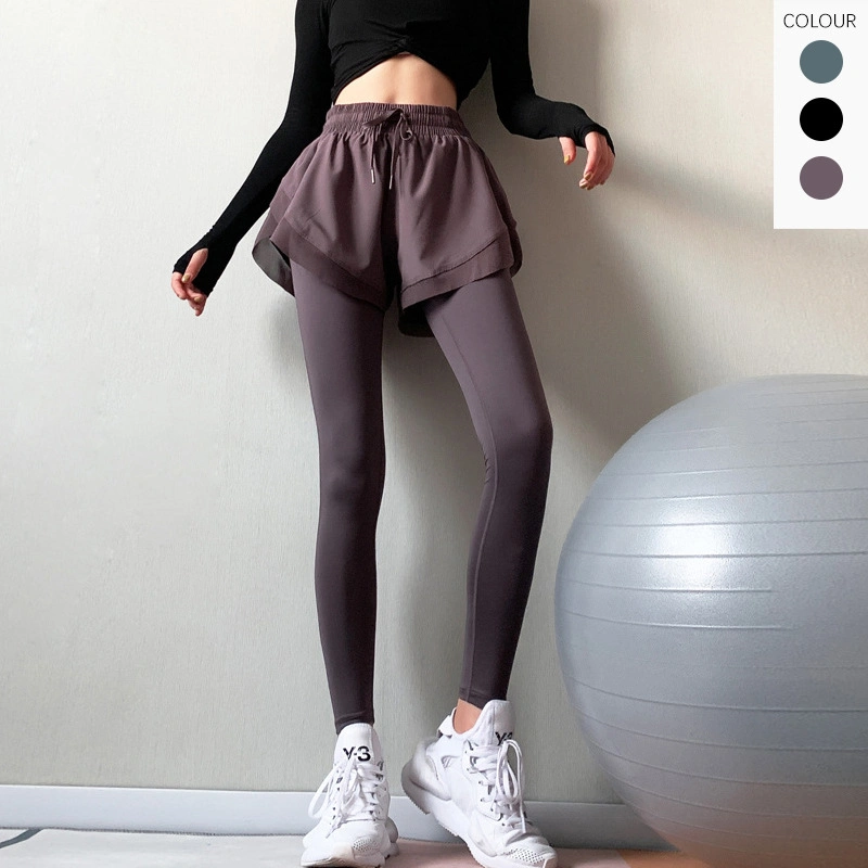 Nouveau pantalon de yoga Sport Fake deux morceaux de jambe anti-Glare Longueur pantalon de course à pied vêtements de fitness élastiques pour Femme