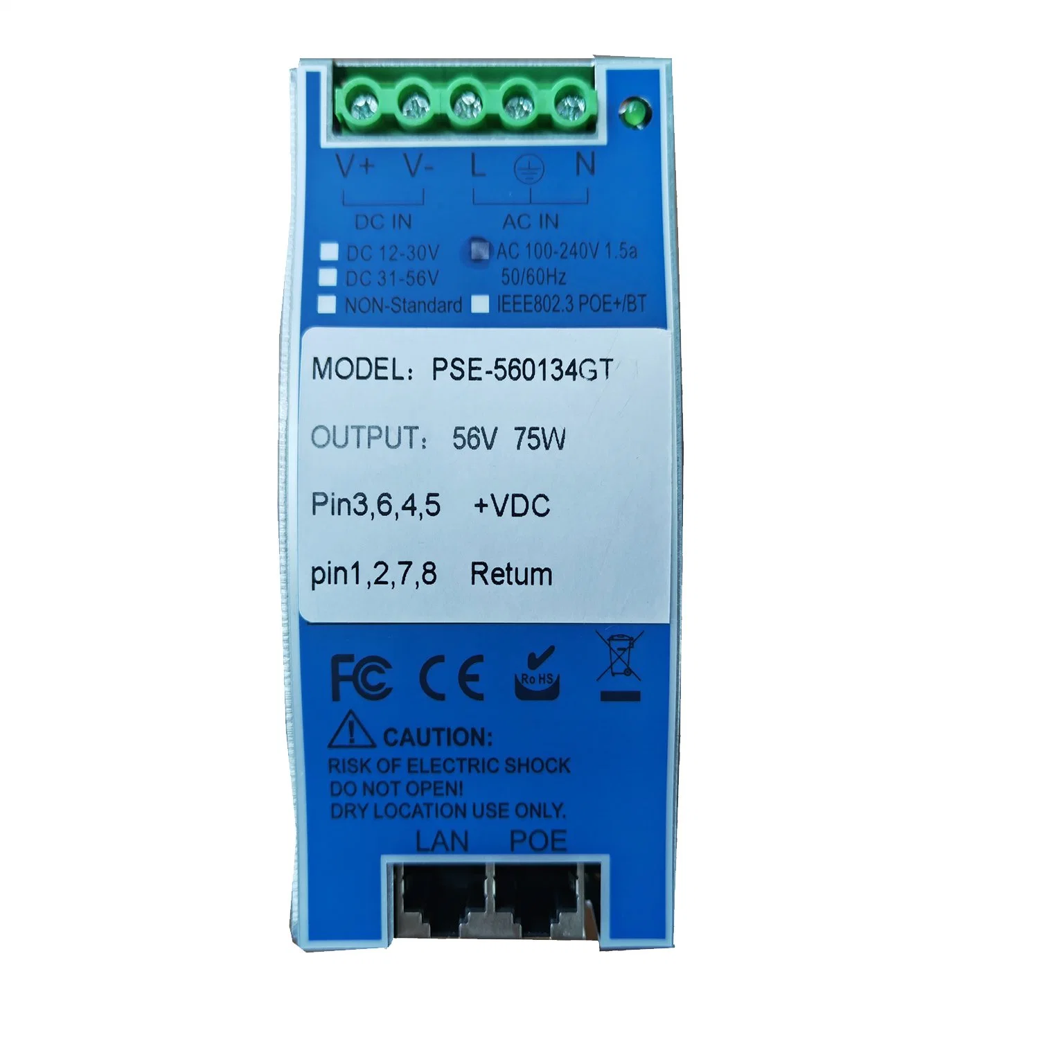 AC/DC Input Poe Injector DIN Rail Installation Single Port Poe Midspan